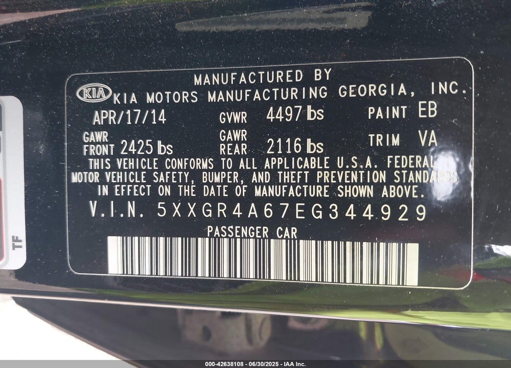 2014 KIA OPTIMA VIN: 5XXGR4A67EG344929