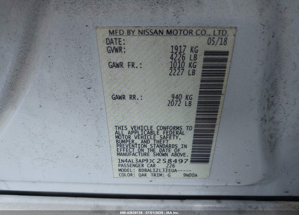 2018 NISSAN ALTIMA VIN: 1N4AL3AP9JC258497
