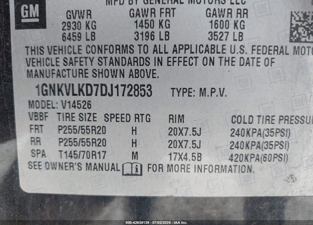 2013 CHEVROLET TRAVERSE VIN: 1GNKVLKD7DJ172853