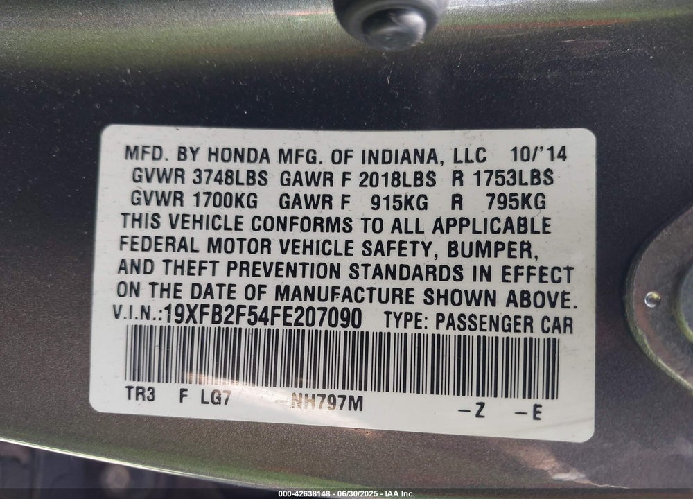 2015 HONDA CIVIC LX VIN: 19XFB2F54FE207090
