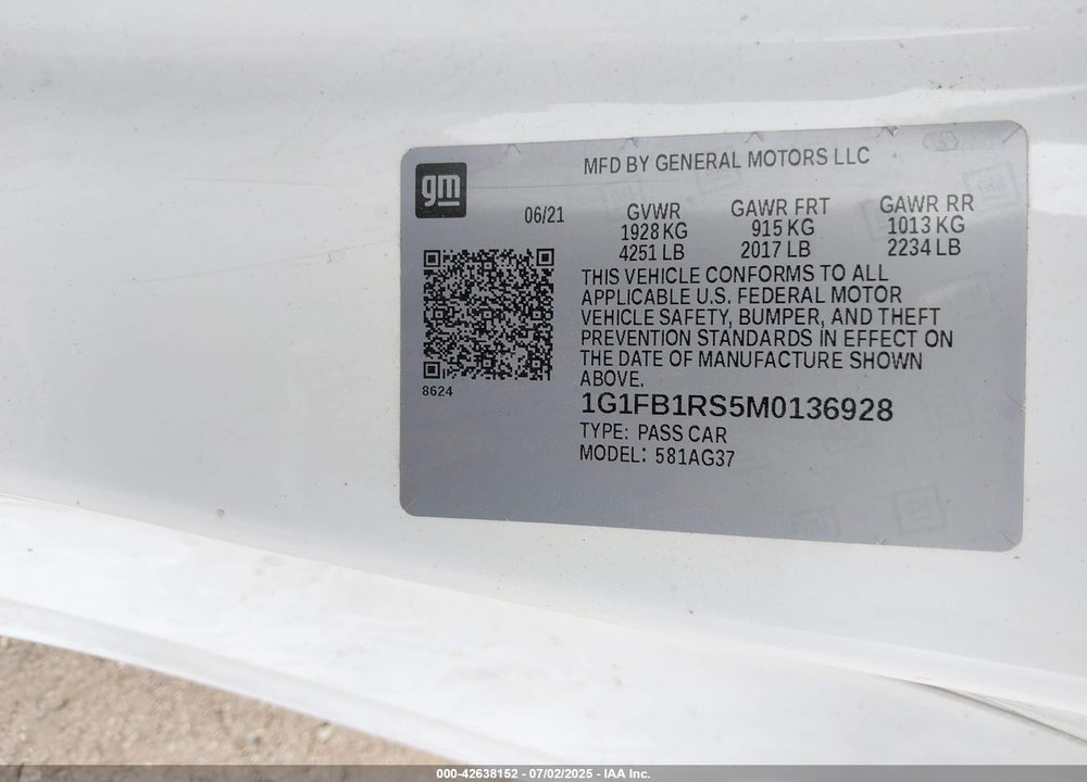 2021 CHEVROLET CAMARO VIN: 1G1FB1RS5M0136928