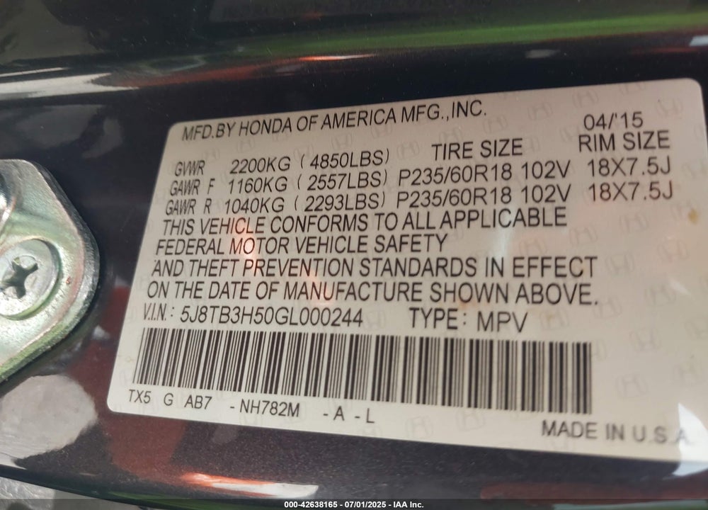 2016 ACURA RDX VIN: 5J8TB3H50GL000244