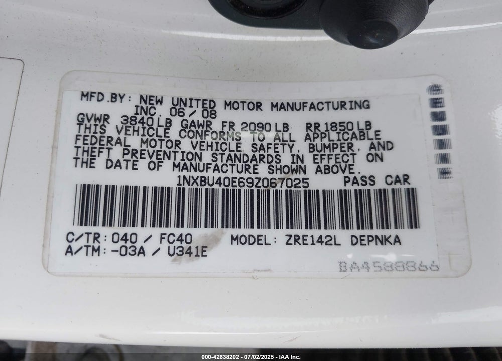2009 TOYOTA COROLLA VIN: 1NXBU40E69Z067025