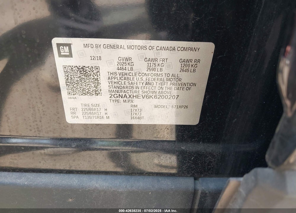 2019 CHEVROLET EQUINOX VIN: 2GNAXHEV6K6200207