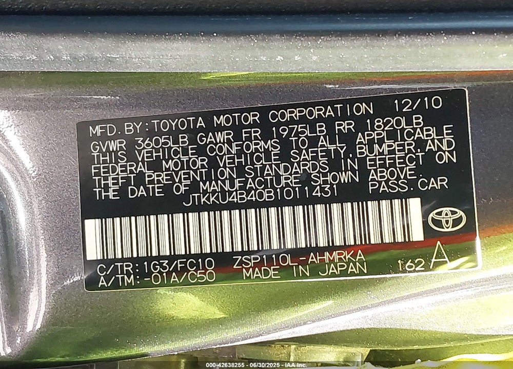 2011 SCION XD VIN: JTKKU4B40B1011431