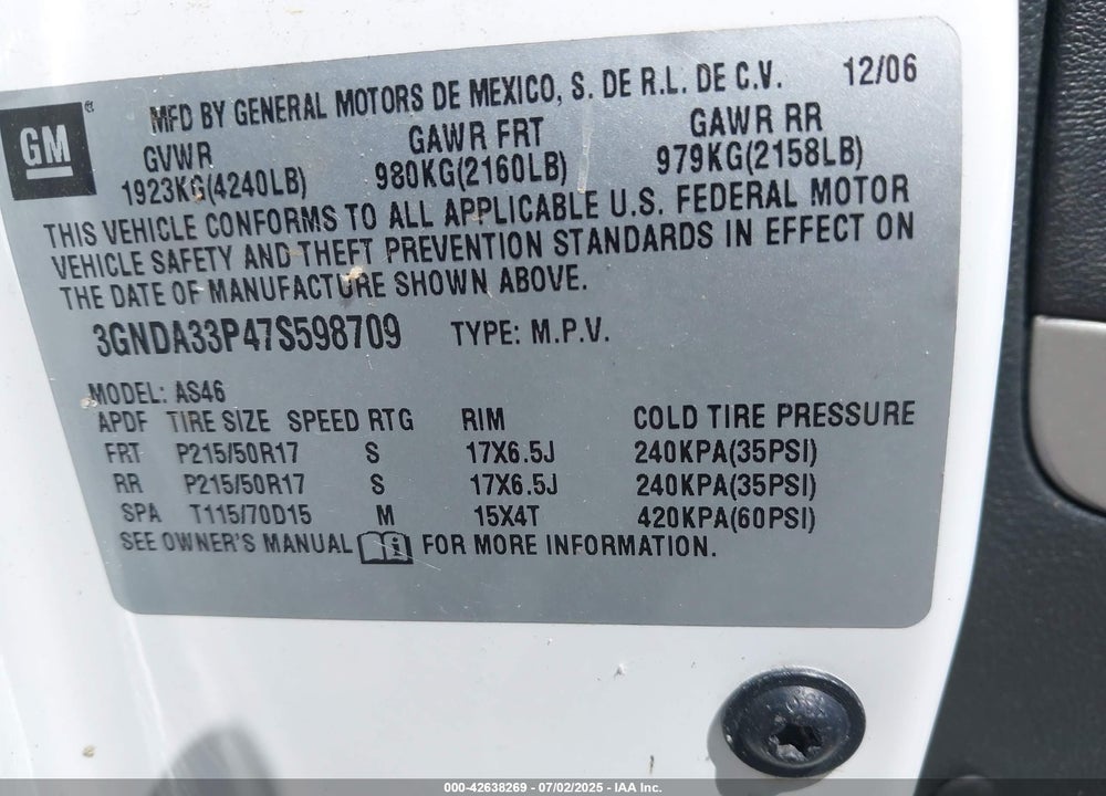 2007 CHEVROLET HHR VIN: 3GNDA33P47S598709