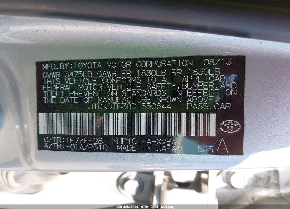2013 TOYOTA PRIUS C TWO VIN: JTDKDTB38D1550844