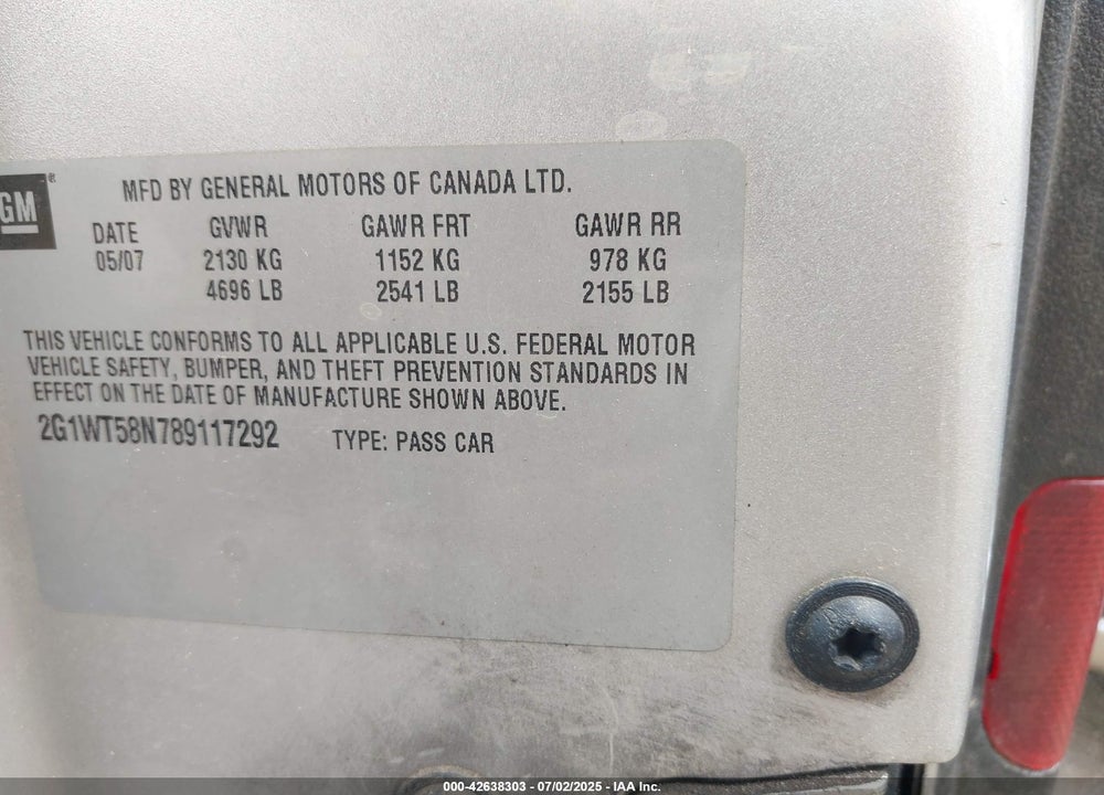 2008 CHEVROLET IMPALA VIN: 2G1WT58N789117292
