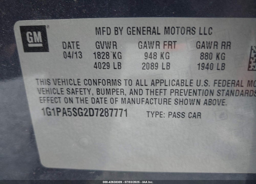 2013 CHEVROLET CRUZE VIN: 1G1PA5SG2D7287771