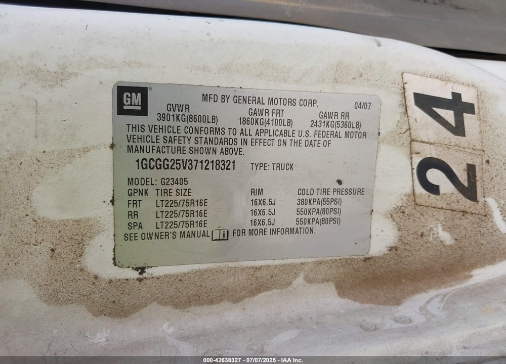2007 CHEVROLET EXPRESS WORK VAN VIN: 1GCGG25V371218321