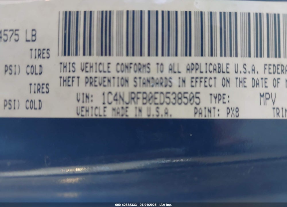 2014 JEEP PATRIOT VIN: 1C4NJRFB0ED538505