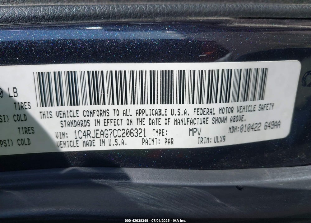 2012 JEEP GRAND CHEROKEE VIN: 1C4RJEAG7CC206321