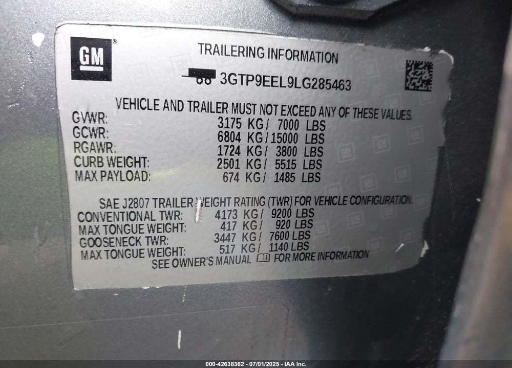 2020 GMC SIERRA 1500 VIN: 3GTP9EEL9LG285463