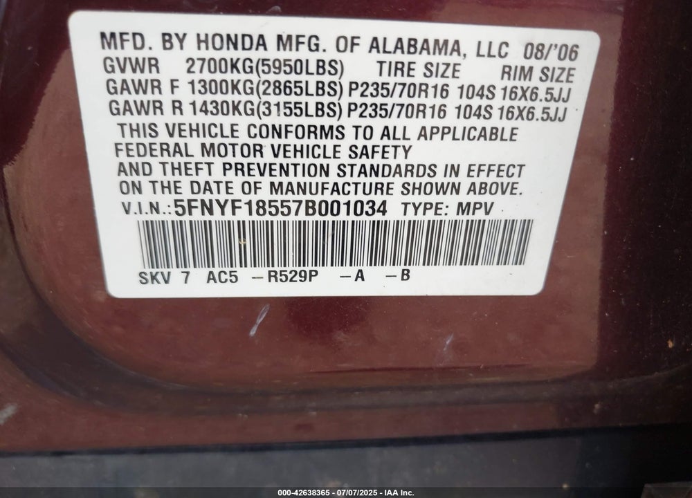 2007 HONDA PILOT VIN: 5FNYF18557B001034