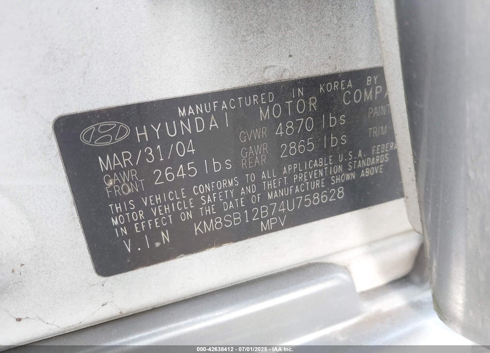 2004 HYUNDAI SANTA FE VIN: KM8SB12B74U758628