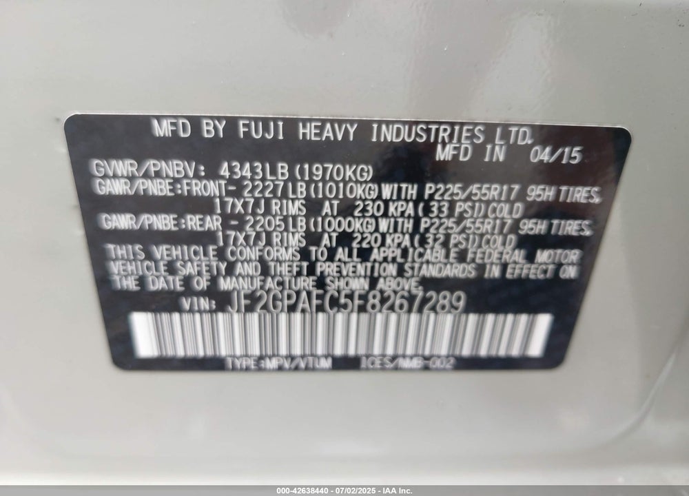 2015 SUBARU XV CROSSTREK VIN: JF2GPAFC5F8267289