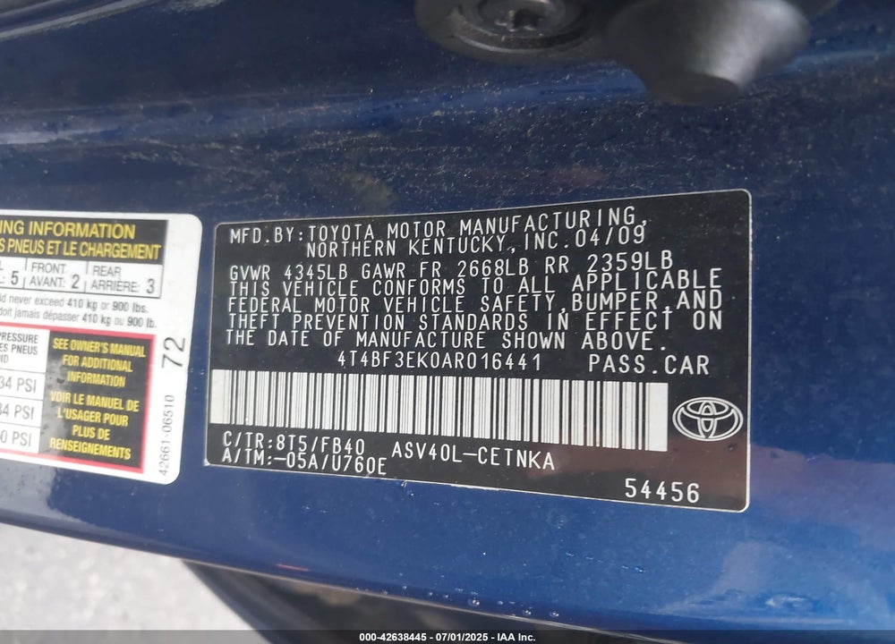 2010 TOYOTA CAMRY VIN: 4T4BF3EK0AR016441