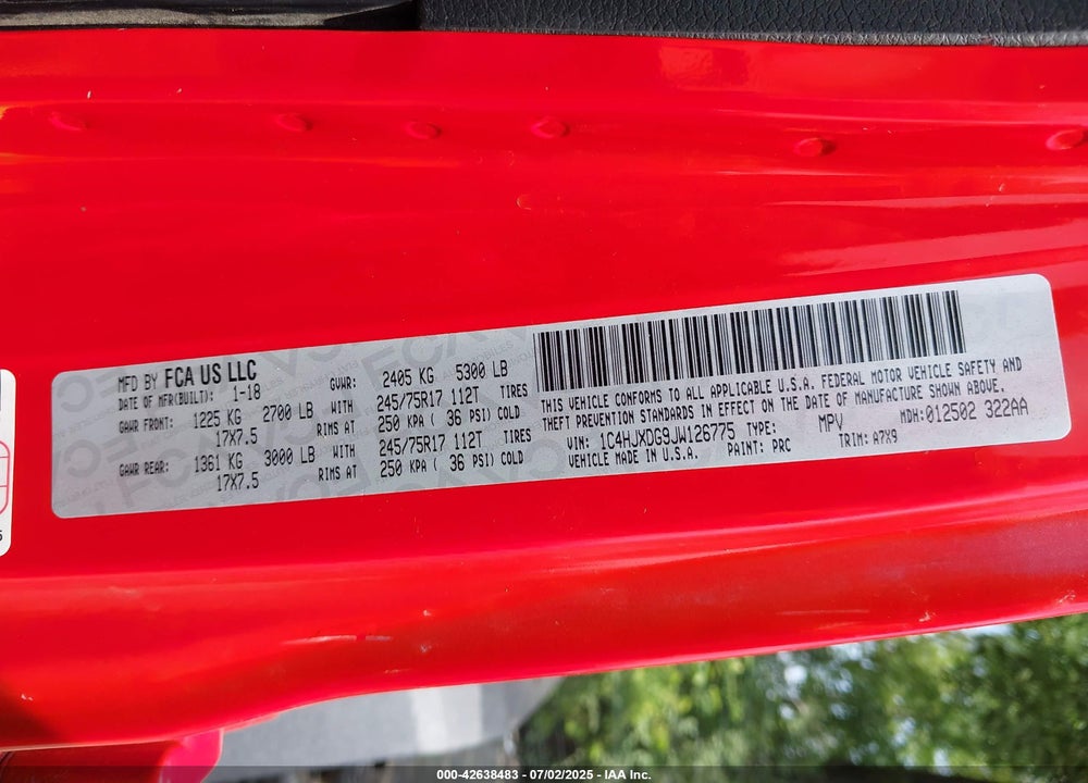 2018 JEEP WRANGLER UNLIMITED VIN: 1C4HJXDG9JW126775