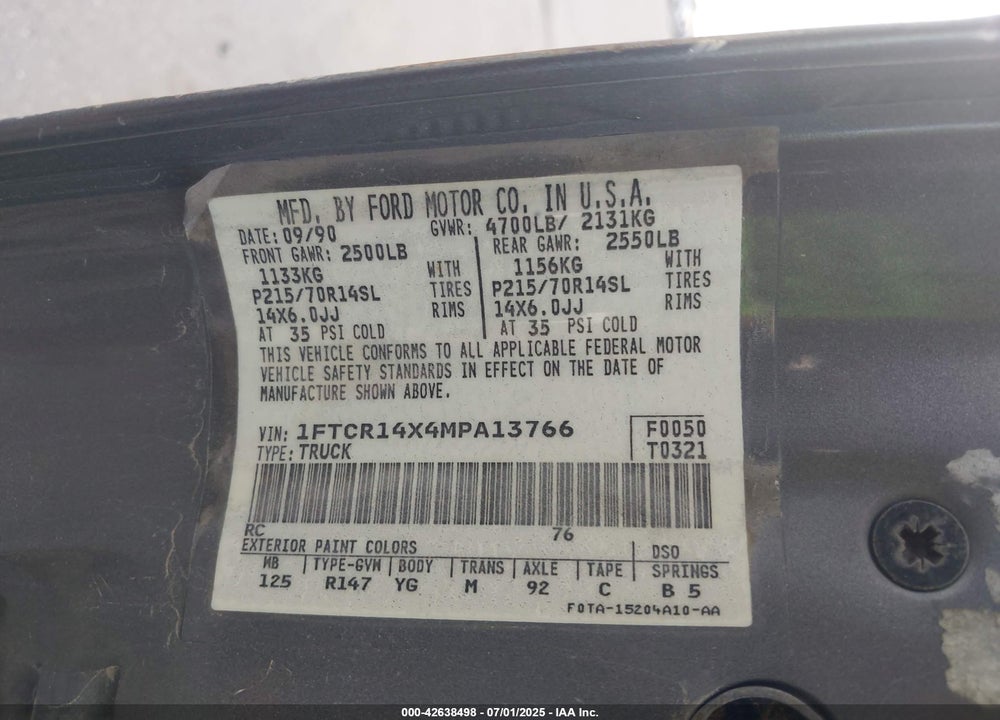 1991 FORD RANGER SUPER CAB VIN: 1FTCR14X4MPA13766