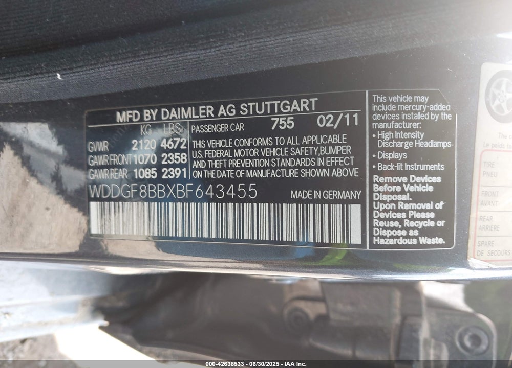 2011 MERCEDES-BENZ C CLASS VIN: WDDGF8BBXBF643455