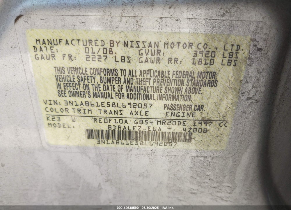 2008 NISSAN SENTRA 2.0S VIN: 3N1AB61E58L692057
