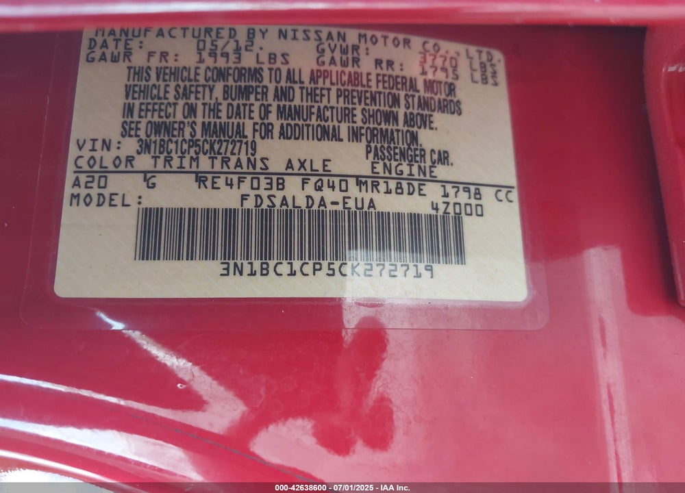 2012 NISSAN VERSA VIN: 3N1BC1CP5CK272719