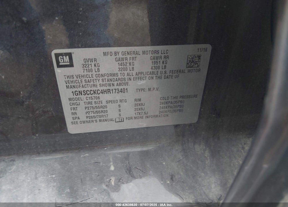 2017 CHEVROLET TAHOE VIN: 1GNSCCKC4HR173401