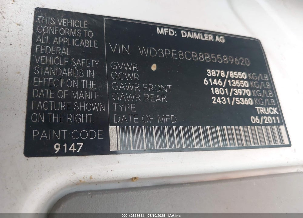 2011 MERCEDES-BENZ SPRINTER 2500 HIGH ROOF VIN: WD3PE8CB8B5589620