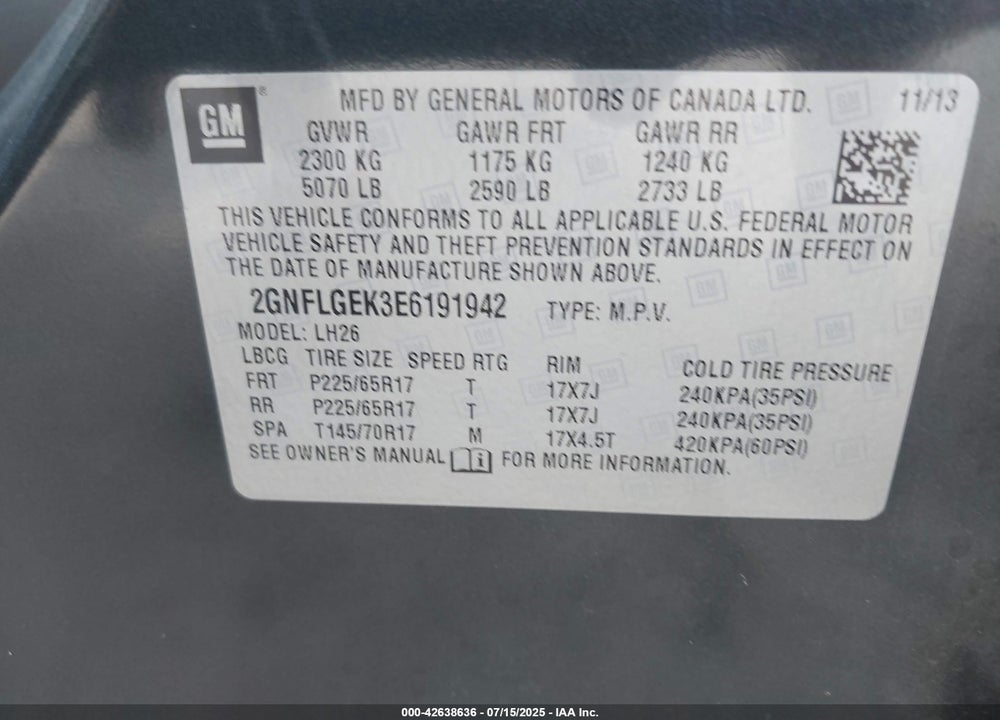 2014 CHEVROLET EQUINOX VIN: 2GNFLGEK3E6191942