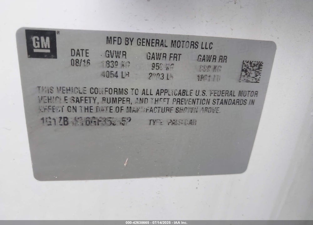 2016 CHEVROLET MALIBU VIN: 1G1ZB5ST6GF355552