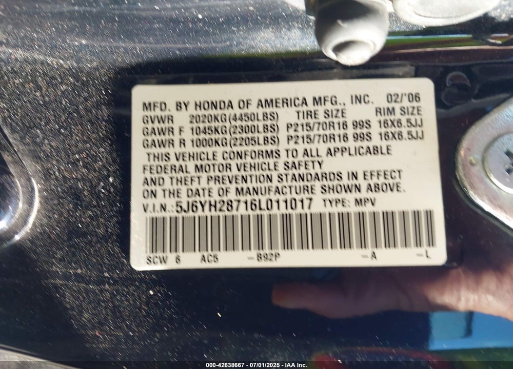2006 HONDA ELEMENT EX-P VIN: 5J6YH28716L011017