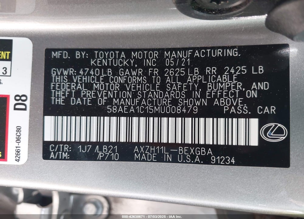 2021 LEXUS ES300H VIN: 58AEA1C15MU008479