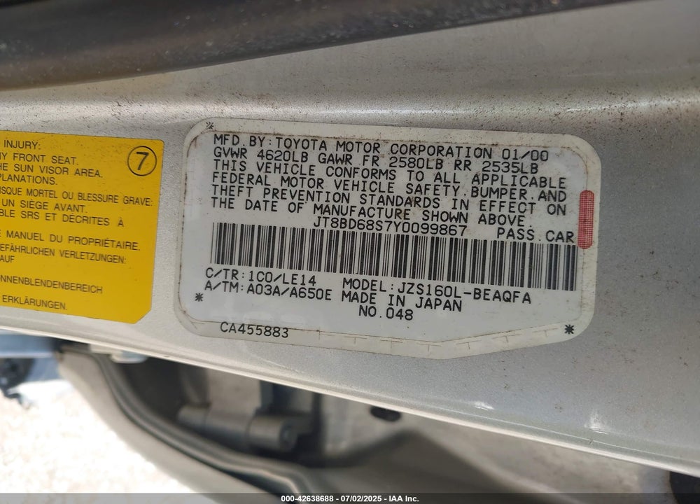 2000 LEXUS GS 300 VIN: JT8BD68S7Y0099867