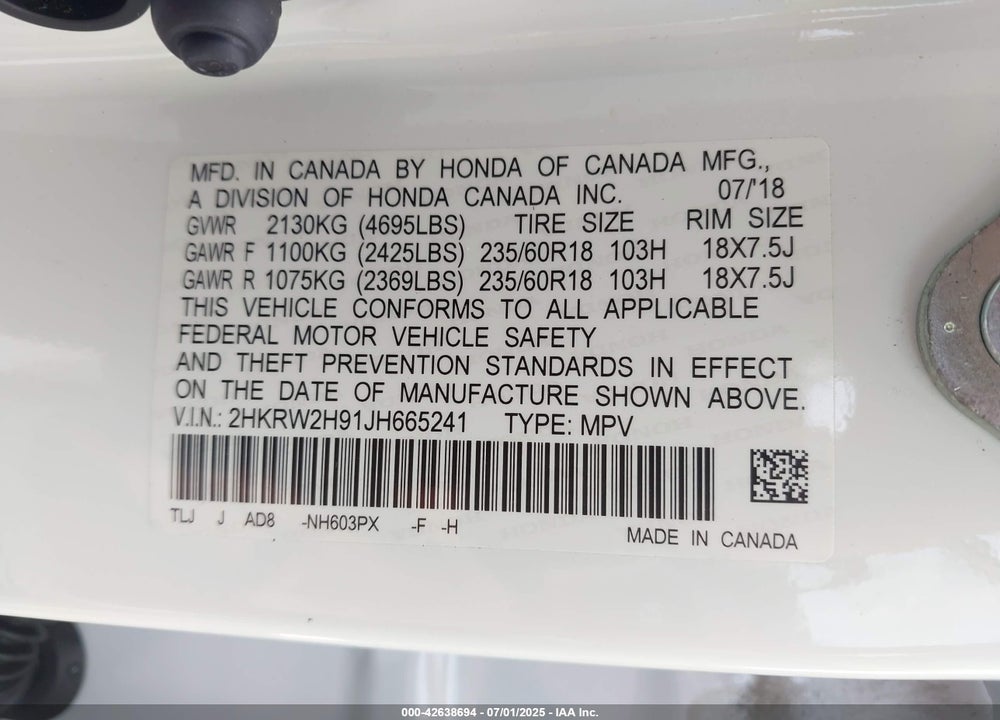 2018 HONDA CR-V VIN: 2HKRW2H91JH665241