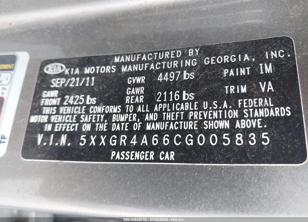2012 KIA OPTIMA SX VIN: 5XXGR4A66CG005835