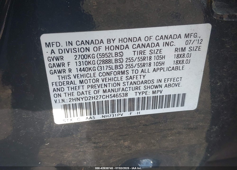 2012 ACURA MDX VIN: 2HNYD2H27CH546538