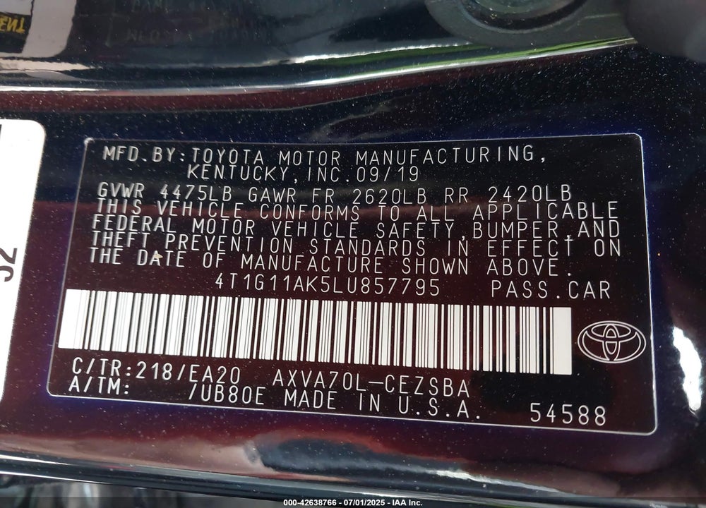 2020 TOYOTA CAMRY VIN: 4T1G11AK5LU857795