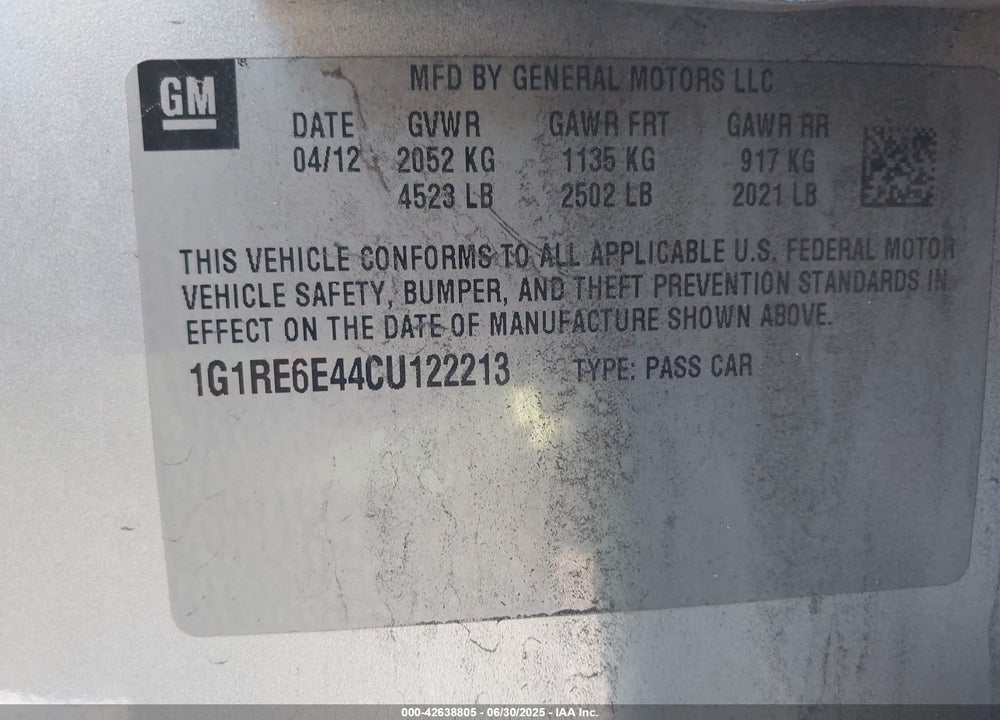 2012 CHEVROLET VOLT VIN: 1G1RE6E44CU122213
