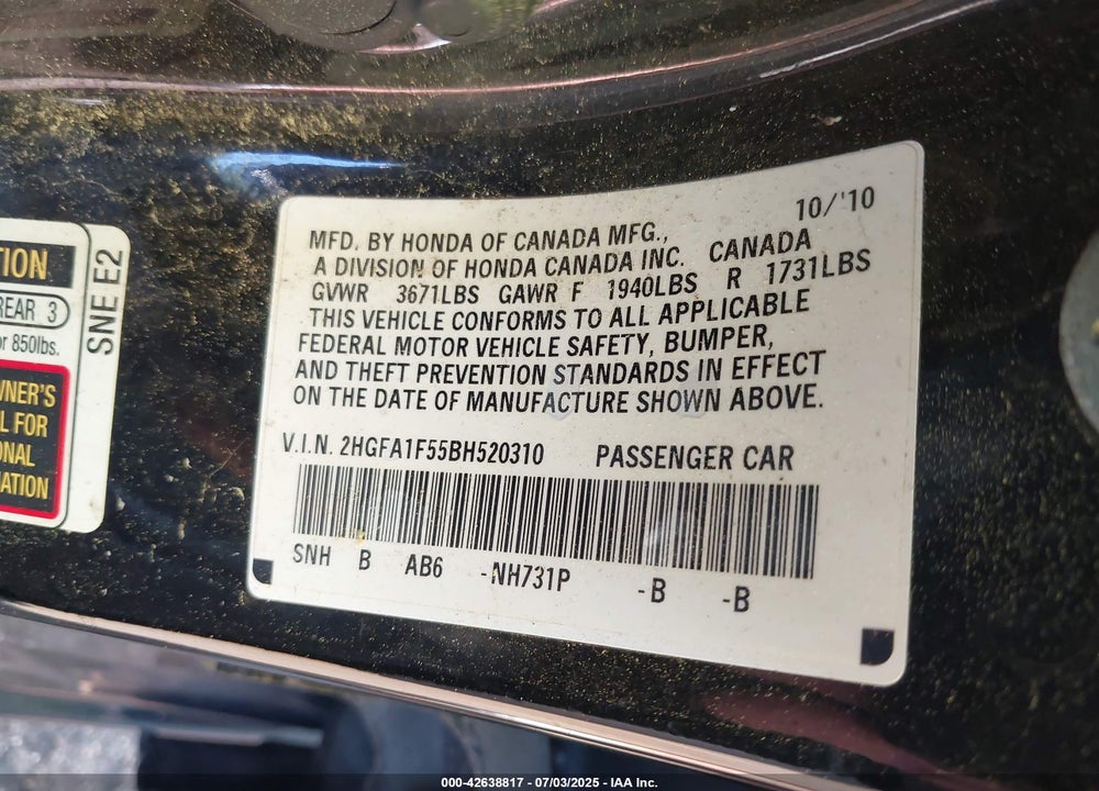 2011 HONDA CIVIC VIN: 2HGFA1F55BH520310