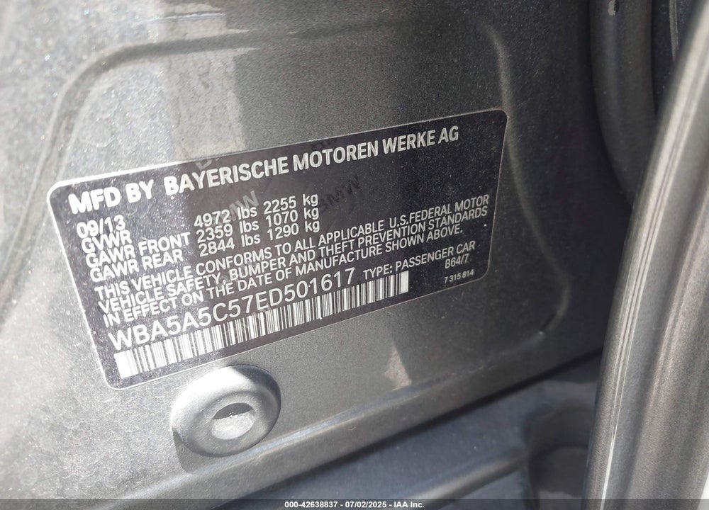 2014 BMW 5 SERIES VIN: WBA5A5C57ED501617