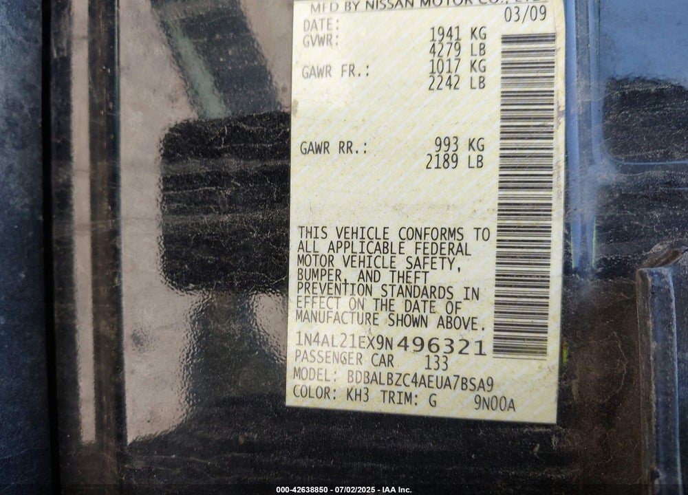 2009 NISSAN ALTIMA VIN: 1N4AL21EX9N496321