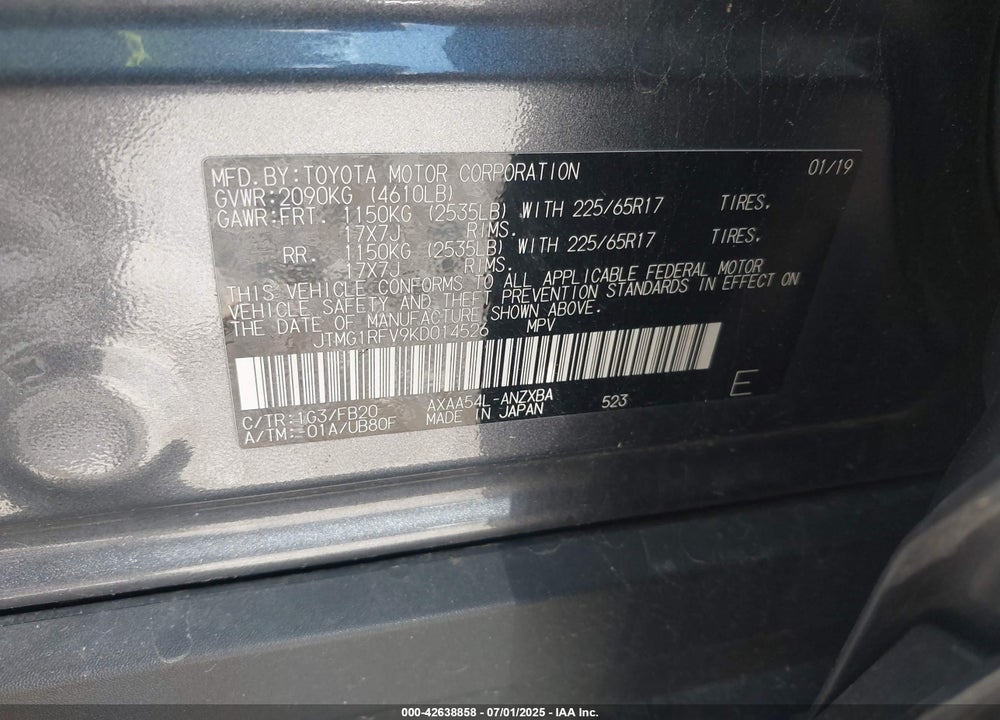 2019 TOYOTA RAV4 VIN: JTMG1RFV9KD014526