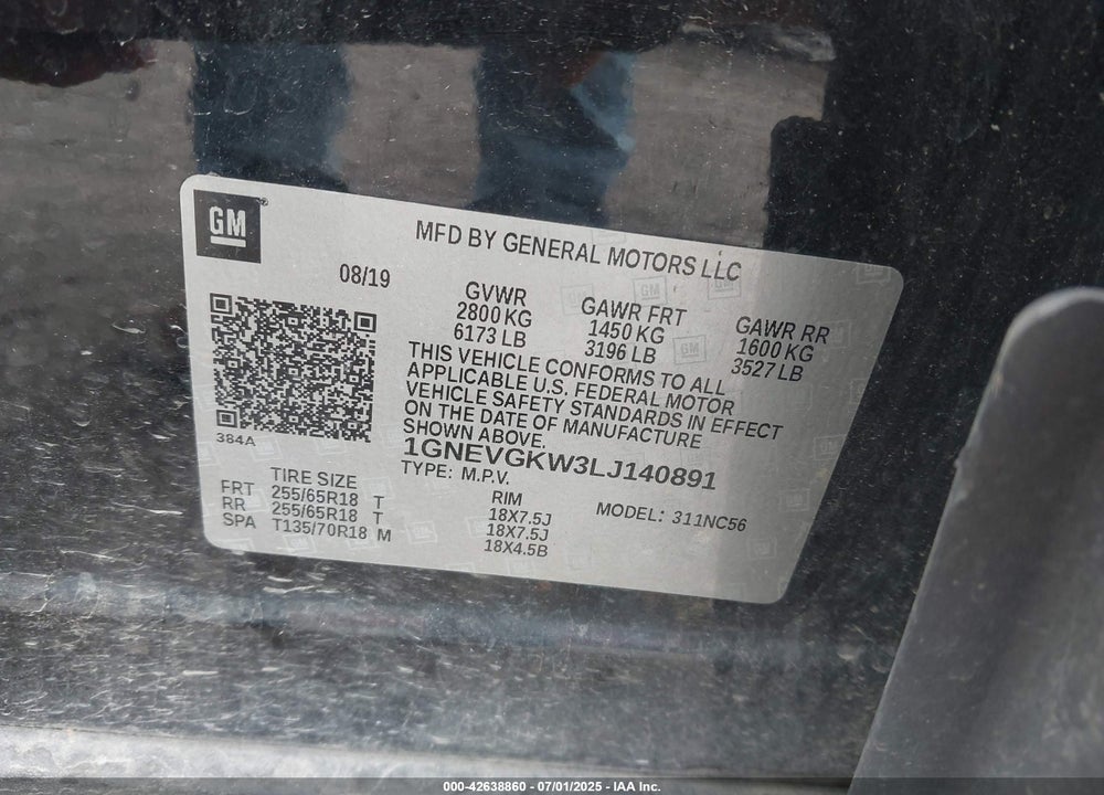 2020 CHEVROLET TRAVERSE VIN: 1GNEVGKW3LJ140891