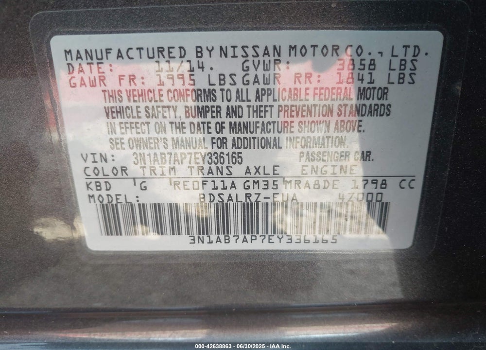 2014 NISSAN SENTRA SR VIN: 3N1AB7AP7EY336165
