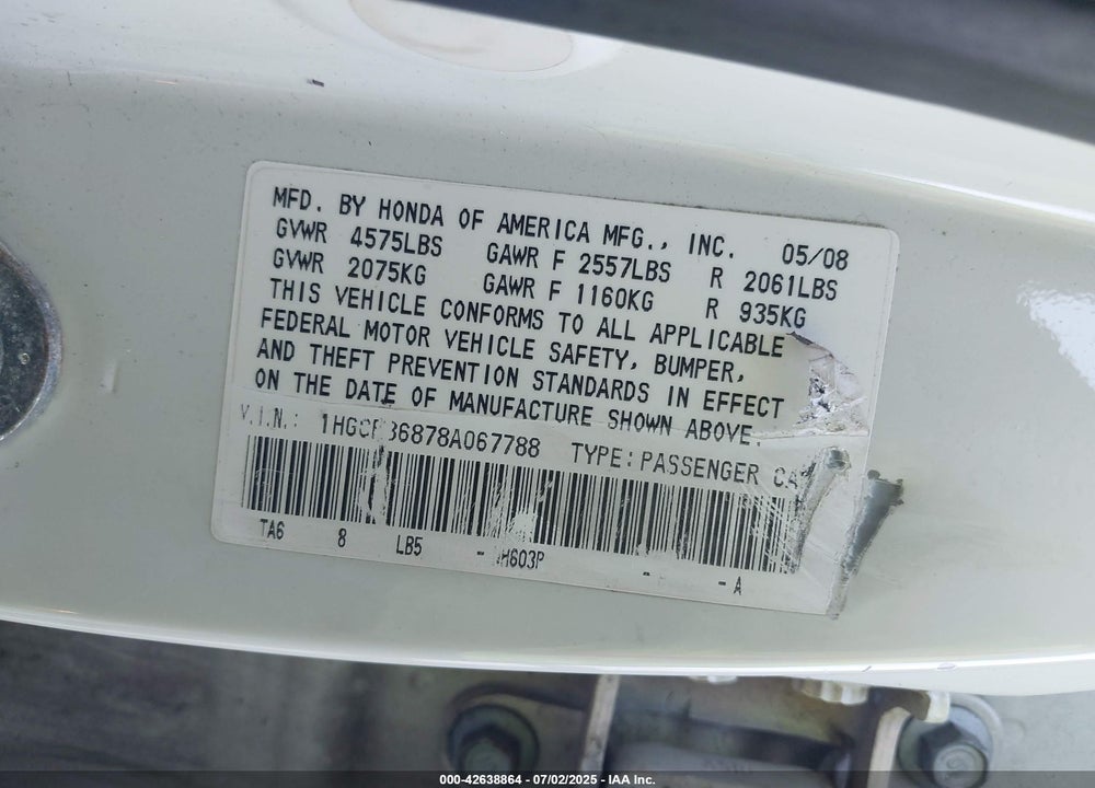 2008 HONDA ACCORD VIN: 1HGCP36878A067788