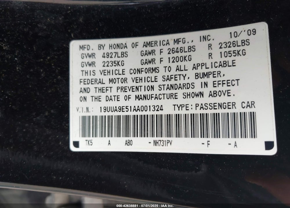 2010 ACURA TL VIN: 19UUA9E51AA001324