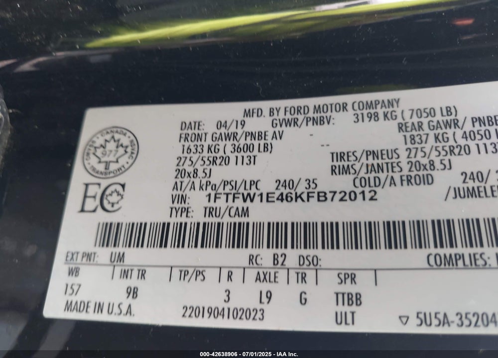 2019 FORD F-150 PLATINUM VIN: 1FTFW1E46KFB72012
