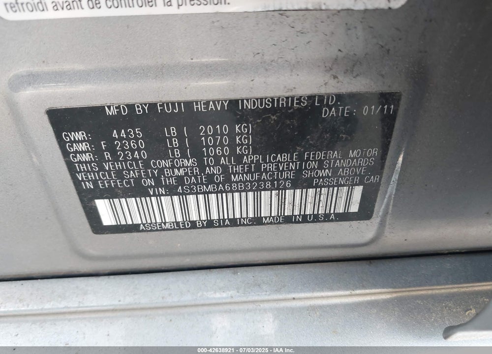 2011 SUBARU LEGACY VIN: 4S3BMBA68B3238126