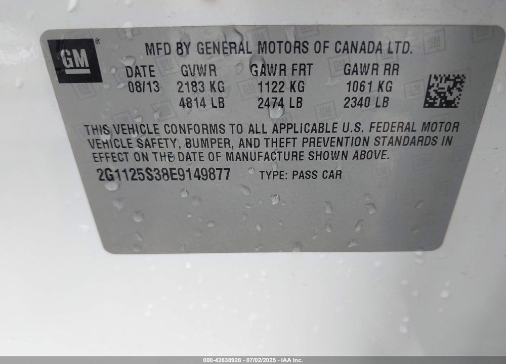 2014 CHEVROLET IMPALA VIN: 2G1125S38E9149877