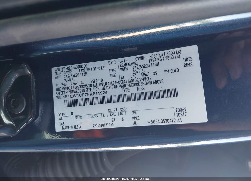 2015 FORD F-150 XLT VIN: 1FTEW1CF7FKF11924